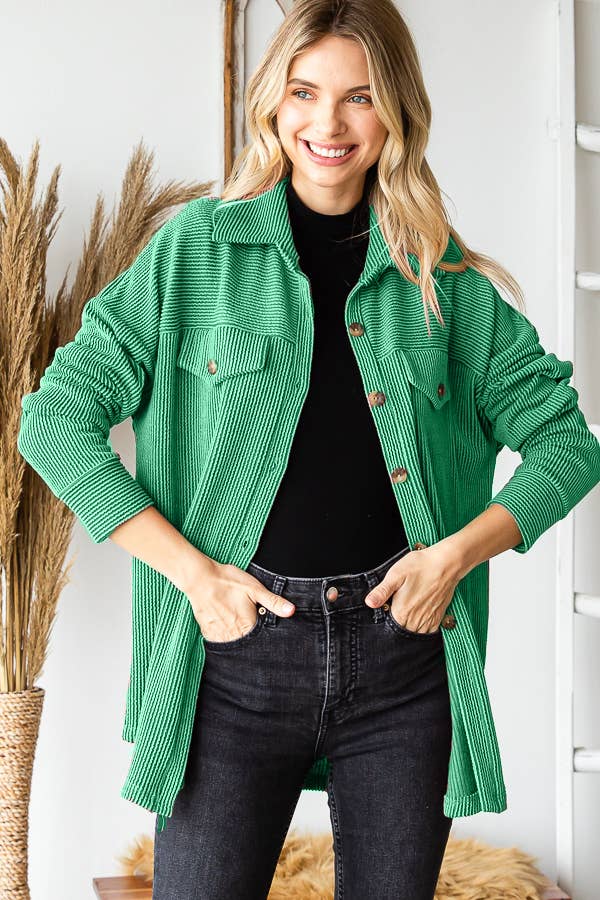 Rib Drop Shoulder Patch Pockets Button Down Shacket T4806