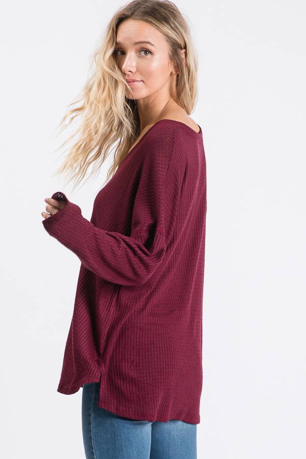 Waffle Knit V Neck Side Slit Long Sleeve Pullover Top T2929