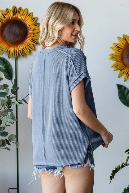 V-Neck Solid Twist Rib Women's Knit Top T5545