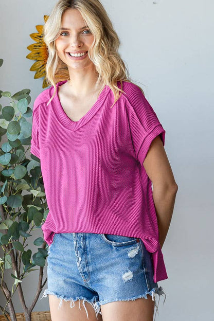 V-Neck Solid Twist Rib Women's Knit Top T5545