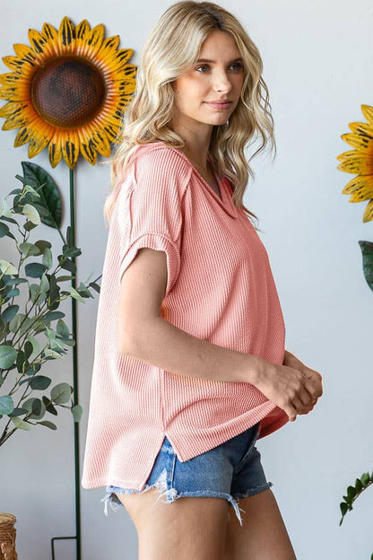 V-Neck Solid Twist Rib Women's Knit Top T5545