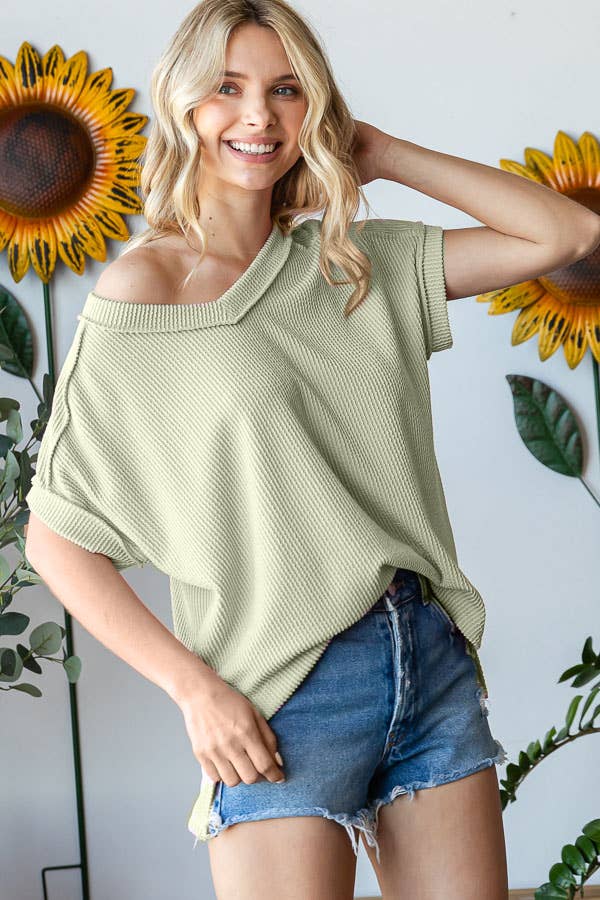 V-Neck Solid Twist Rib Women's Knit Top T5545
