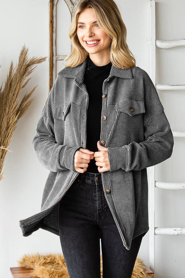 Rib Drop Shoulder Patch Pockets Button Down Shacket T4806