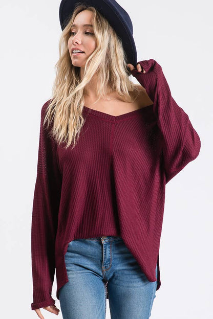 Waffle Knit V Neck Side Slit Long Sleeve Pullover Top T2929