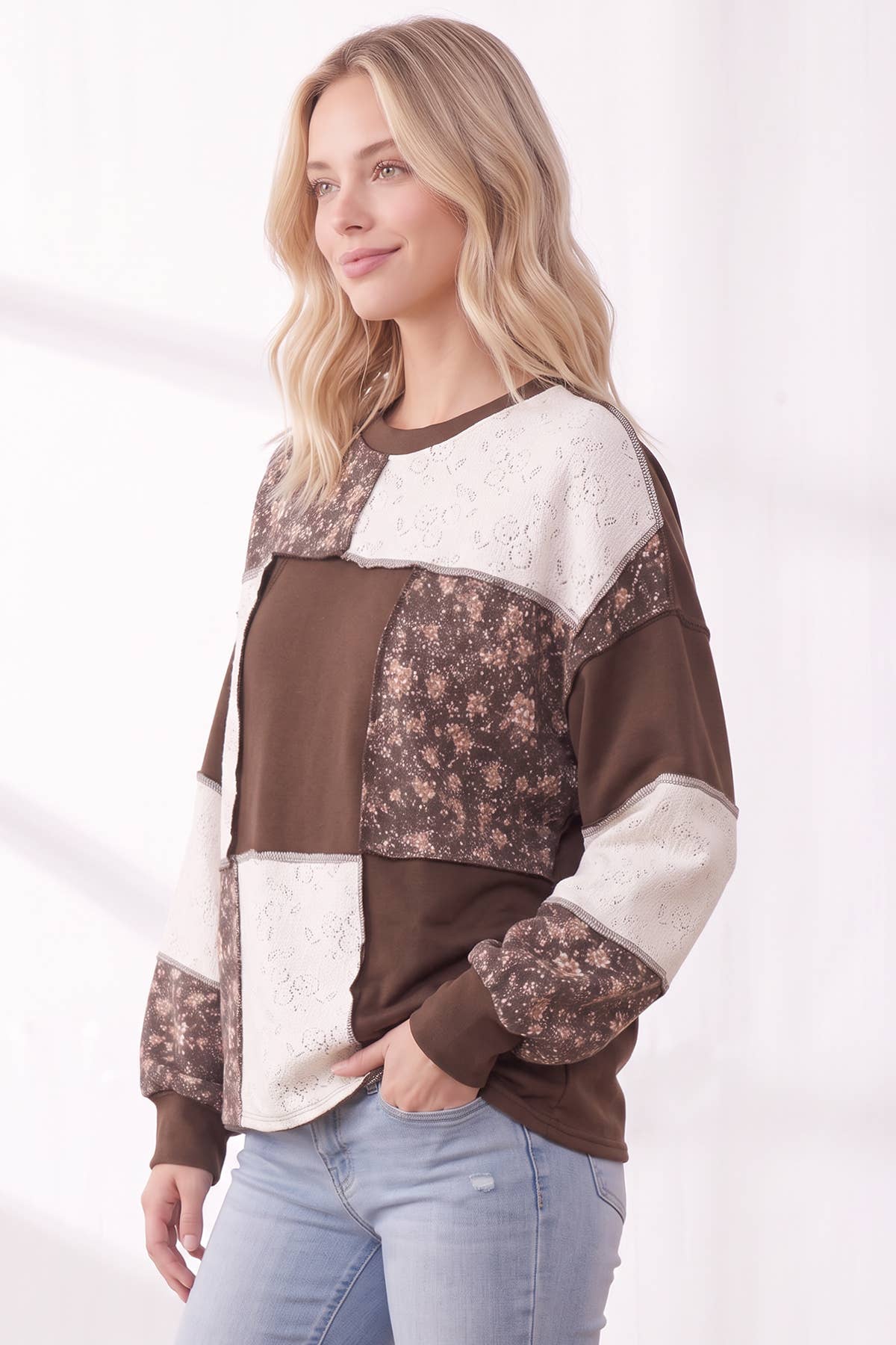 Floral & Lace Patchwork Color Block Top T6513