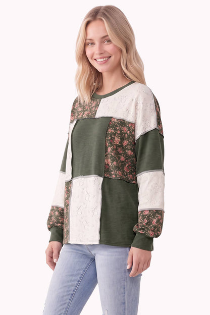 Floral & Lace Patchwork Color Block Top T6513