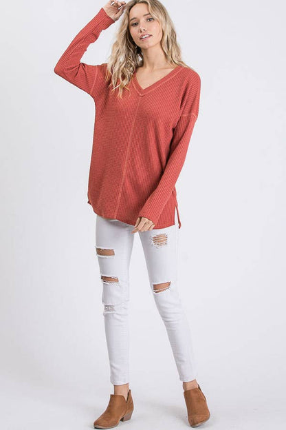 Waffle Knit V Neck Side Slit Long Sleeve Pullover Top T2929