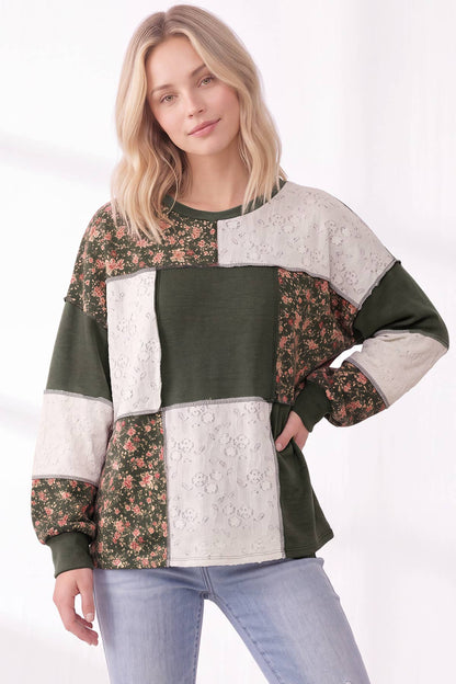 Floral & Lace Patchwork Color Block Top T6513