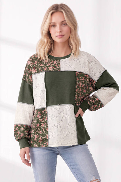 Floral & Lace Patchwork Color Block Top T6513
