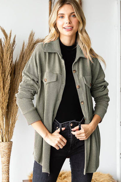 Rib Drop Shoulder Patch Pockets Button Down Shacket T4806