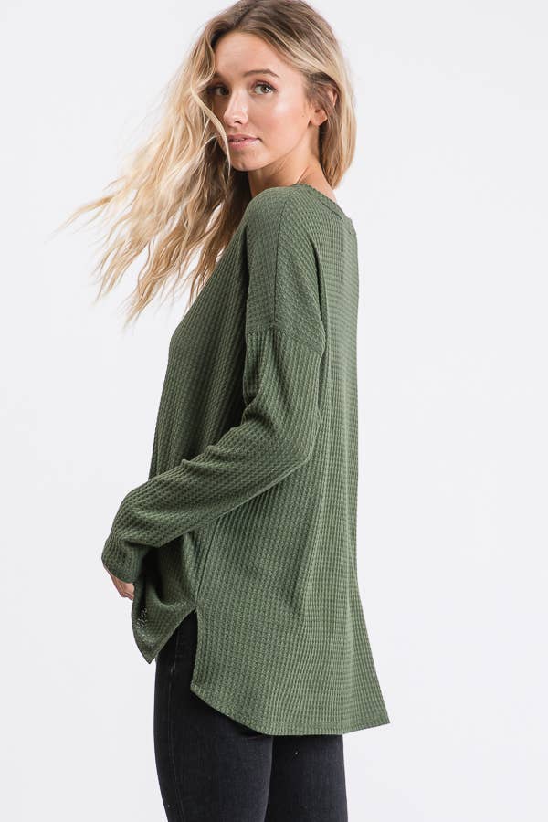 Waffle Knit V Neck Side Slit Long Sleeve Pullover Top T2929