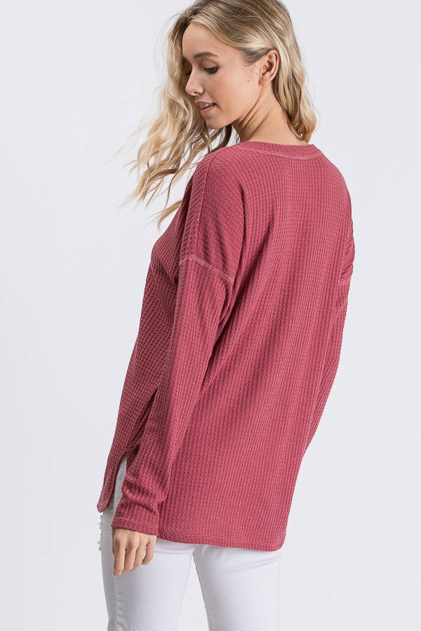Waffle Knit V Neck Side Slit Long Sleeve Pullover Top T2929
