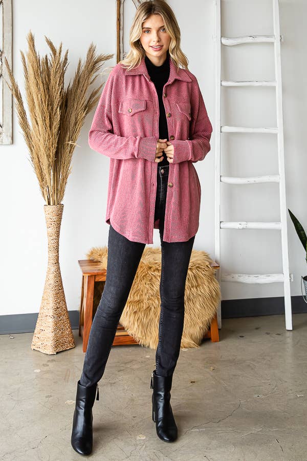 Rib Drop Shoulder Patch Pockets Button Down Shacket T4806