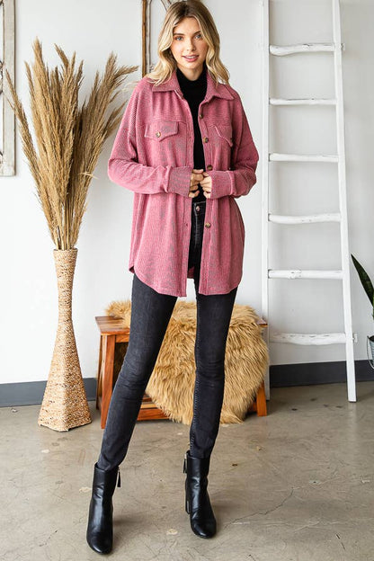Rib Drop Shoulder Patch Pockets Button Down Shacket T4806