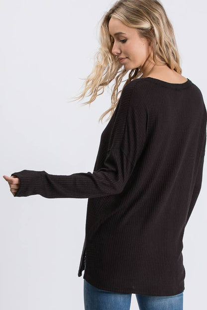 Waffle Knit V Neck Side Slit Long Sleeve Pullover Top T2929