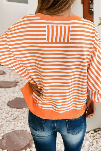 LDC Strpied Exposed Seam Drop Shoulder Long Sleeve Top