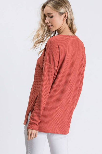 Waffle Knit V Neck Side Slit Long Sleeve Pullover Top T2929