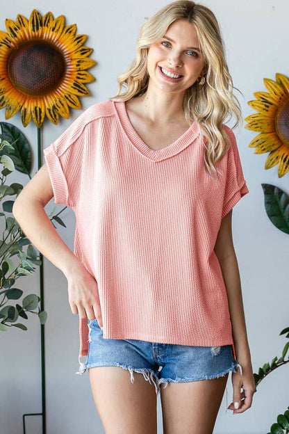 V-Neck Solid Twist Rib Women's Knit Top T5545