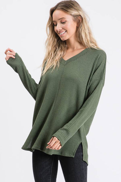 Waffle Knit V Neck Side Slit Long Sleeve Pullover Top T2929