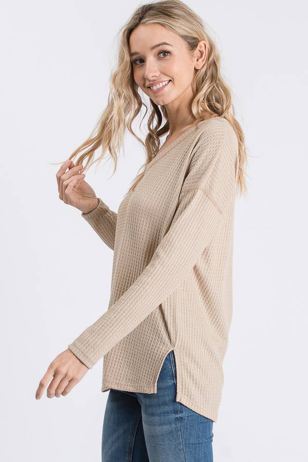 Waffle Knit V Neck Side Slit Long Sleeve Pullover Top T2929