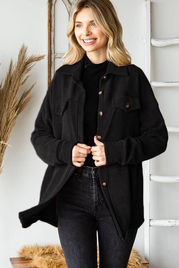Rib Drop Shoulder Patch Pockets Button Down Shacket T4806