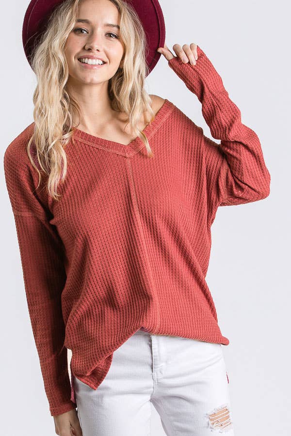 Waffle Knit V Neck Side Slit Long Sleeve Pullover Top T2929