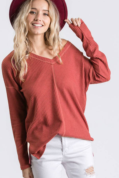 Waffle Knit V Neck Side Slit Long Sleeve Pullover Top T2929