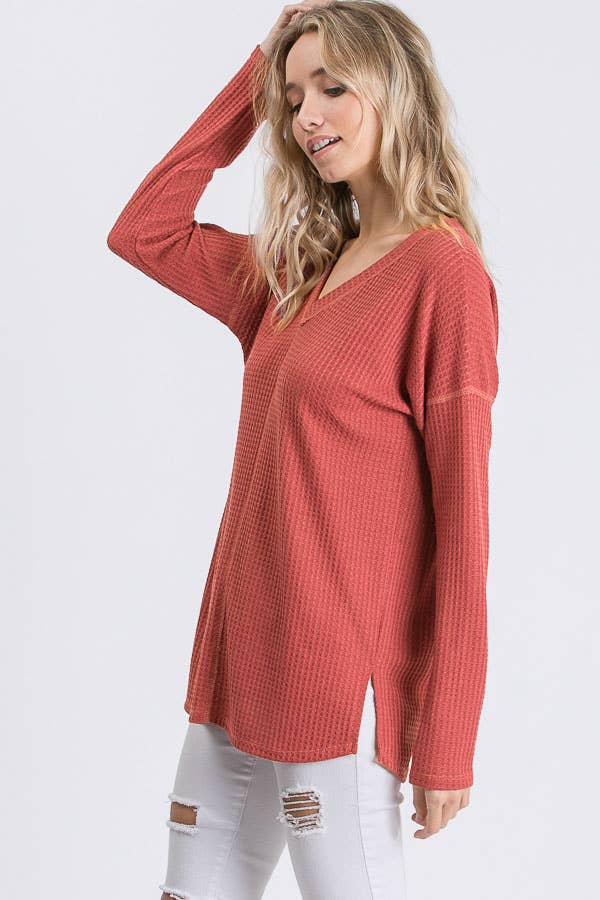 Waffle Knit V Neck Side Slit Long Sleeve Pullover Top T2929