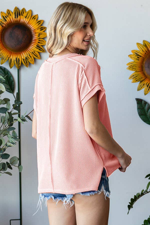 V-Neck Solid Twist Rib Women's Knit Top T5545