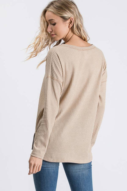 Waffle Knit V Neck Side Slit Long Sleeve Pullover Top T2929