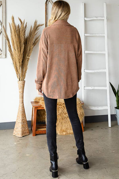 Rib Drop Shoulder Patch Pockets Button Down Shacket T4806