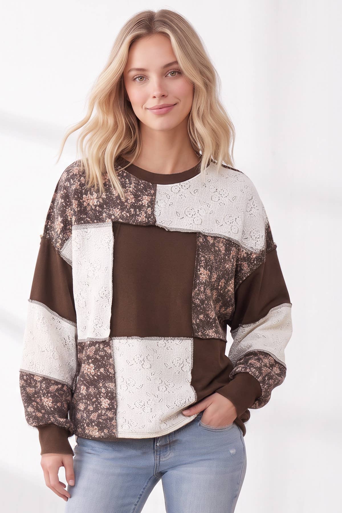 Floral & Lace Patchwork Color Block Top T6513