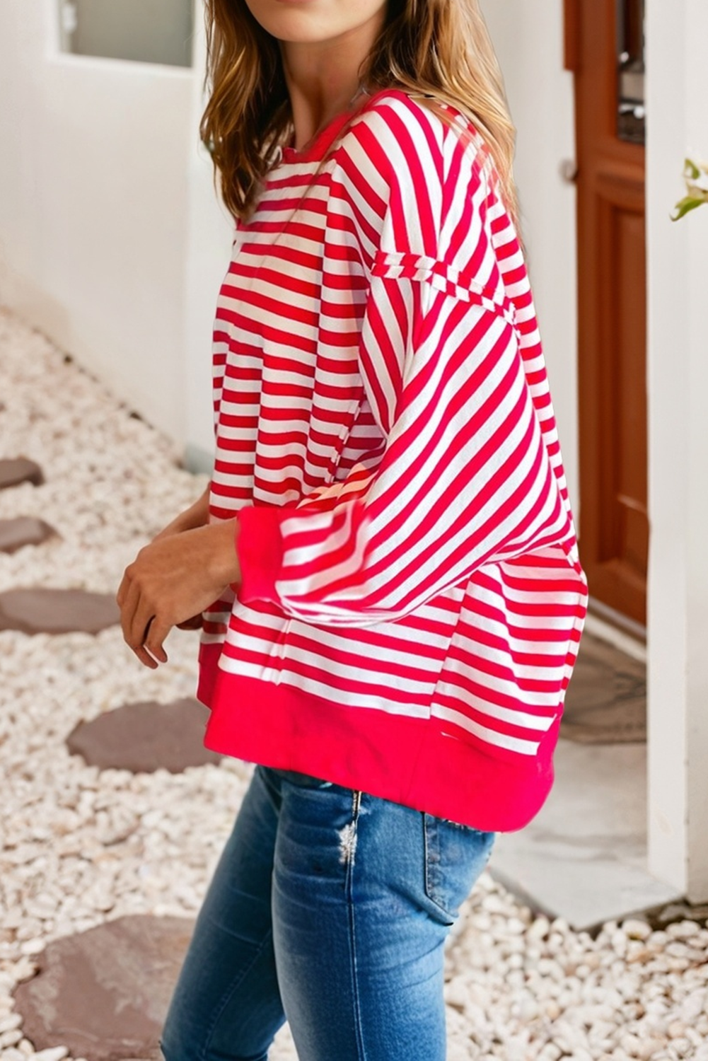 LDC Strpied Exposed Seam Drop Shoulder Long Sleeve Top
