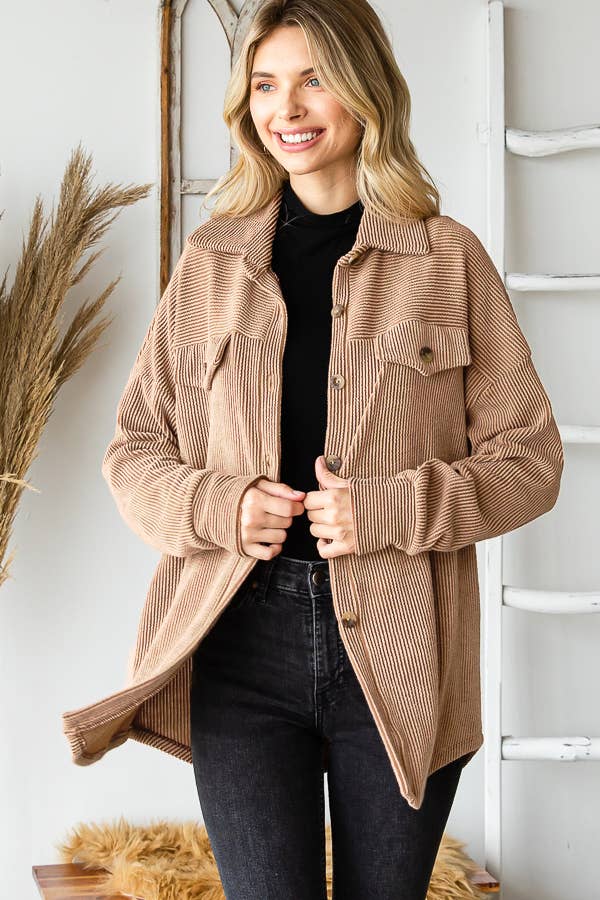 Rib Drop Shoulder Patch Pockets Button Down Shacket T4806