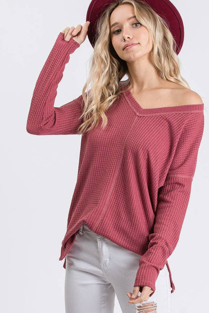 Waffle Knit V Neck Side Slit Long Sleeve Pullover Top T2929