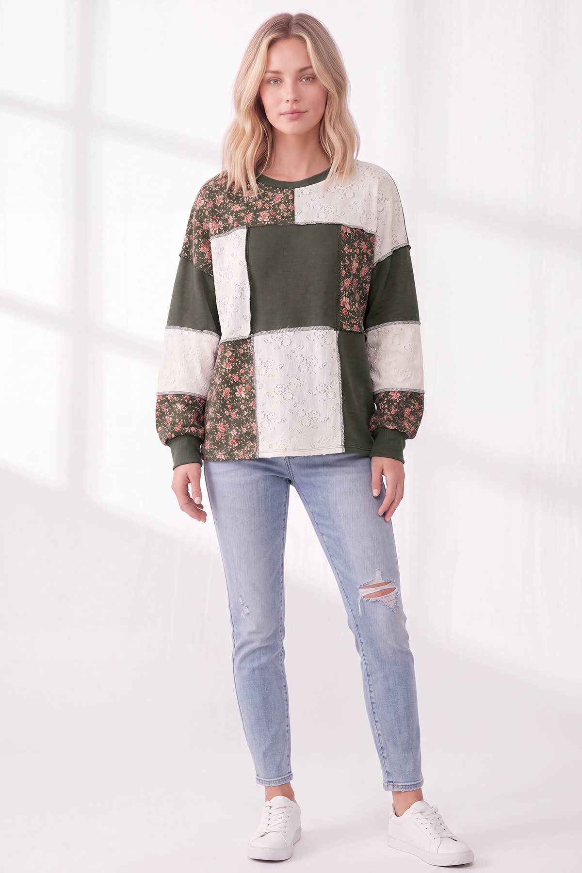 Floral & Lace Patchwork Color Block Top T6513