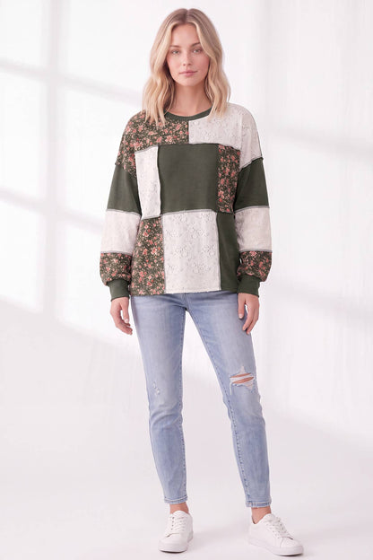 Floral & Lace Patchwork Color Block Top T6513