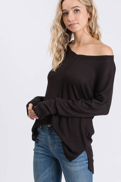 Waffle Knit V Neck Side Slit Long Sleeve Pullover Top T2929