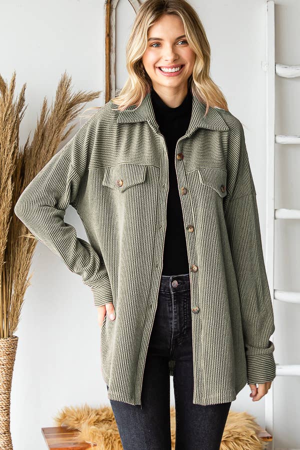 Rib Drop Shoulder Patch Pockets Button Down Shacket T4806